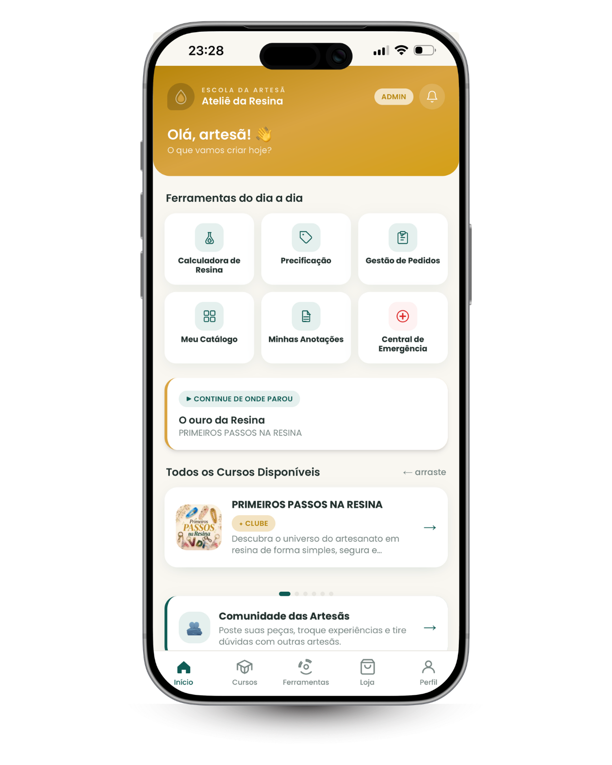 Tela inicial do app Escola da Artesã com ferramentas, cursos e comunidade